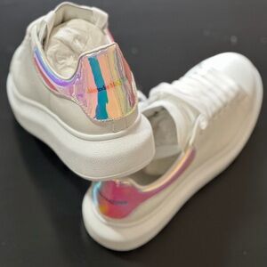 Alexander McQueen White Leather Sneakers with Iridescent Rainbow Heel